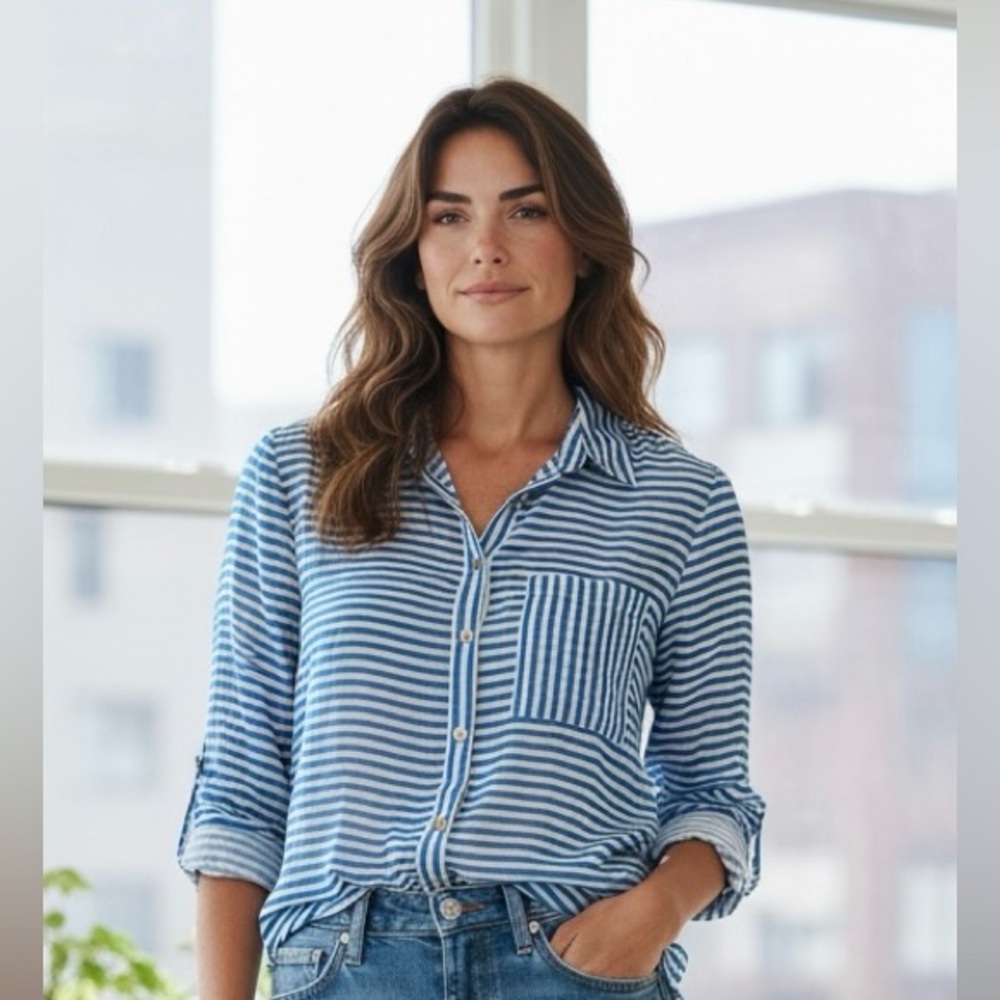 Charming Charlie Blue and White Striped Button Down Shirt